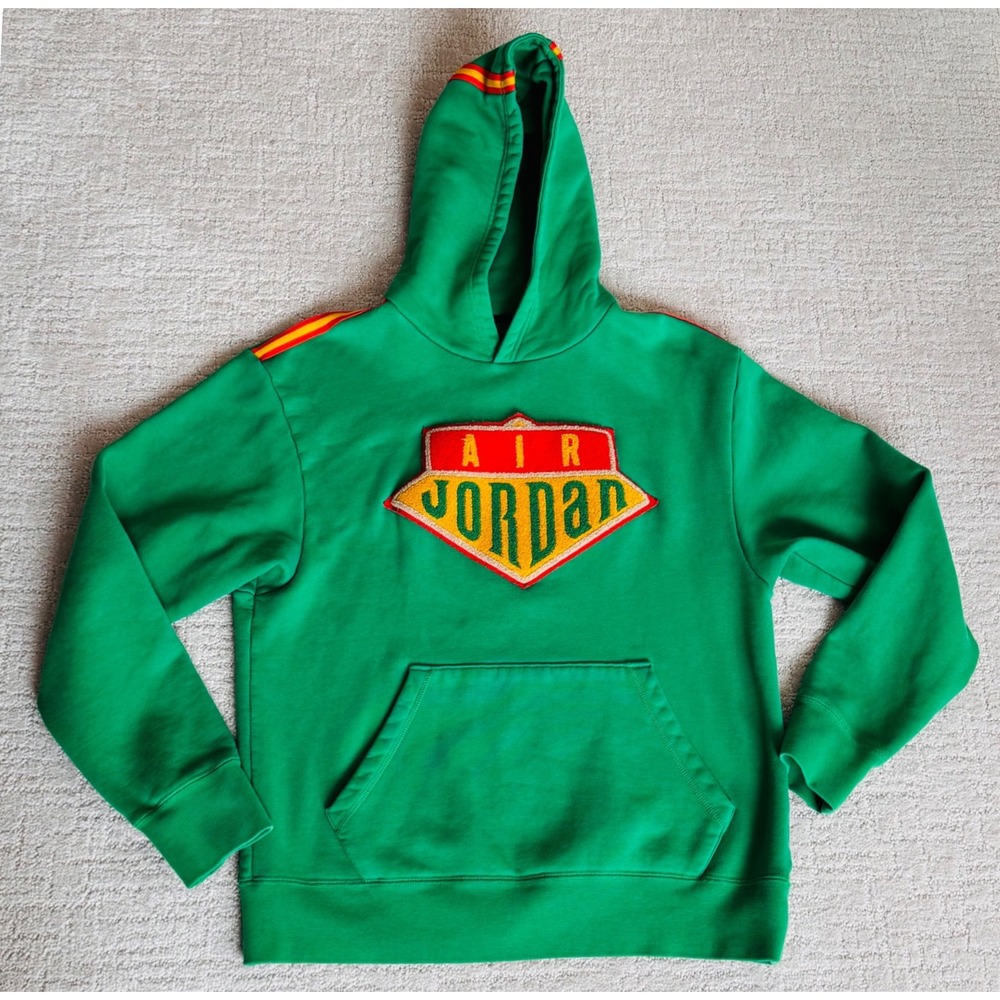Jordan Mens Green Retro Crest‎ Pullover Hoodie Red Yellow Stripe Size Medium